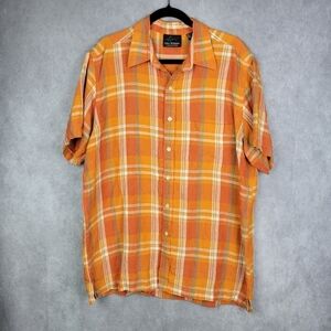 Greg Norman Mens Linen Shirt Short Sleeve Button Down Checked Size L